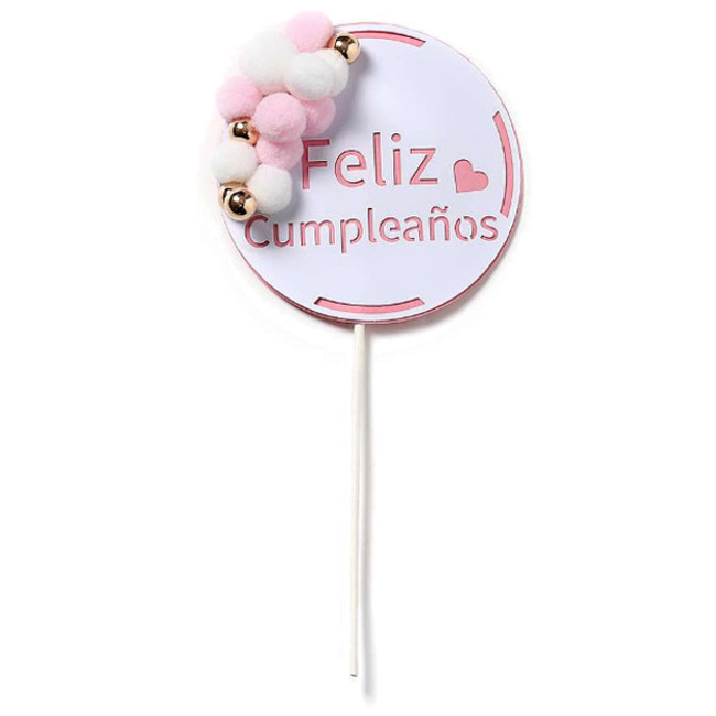 Topper para tarta de Feliz Cumpleaños con pompón - 1 unidad por 1,25