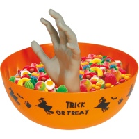 Bol naranja Trick or treat con mano de 25 cm