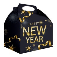 Caja de Happy New Year negro y dorado de 20 x 16 x 11 cm - 12 unidades