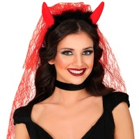 Diadema de demonio con velo rojo largo