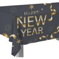 Mantel de Happy New Year negro y dorado de 1,80 x 1,20 m