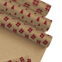 Papel de regalo de diseños navideños Kraft rojo de 2,00 x 0,70 m - 1 unidad