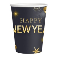 Vasos de Happy New Year negro y dorado de 200 ml - 8 unidades