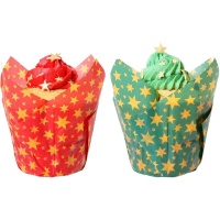 Cápsulas tulipán de papel para muffins de estrellas doradas navideñas - PME - 24 unidades