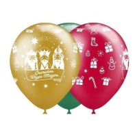 Globos de látex de Reyes Magos metalizados de diseños surtidos de 28 cm - Balloonia - 8 unidades