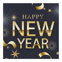 Servilletas de Happy New Year negro y dorado de 16,5 x 16,5 cm - 16 unidades