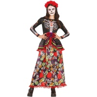 Disfraz de catrina con flores y calaveras juvenil